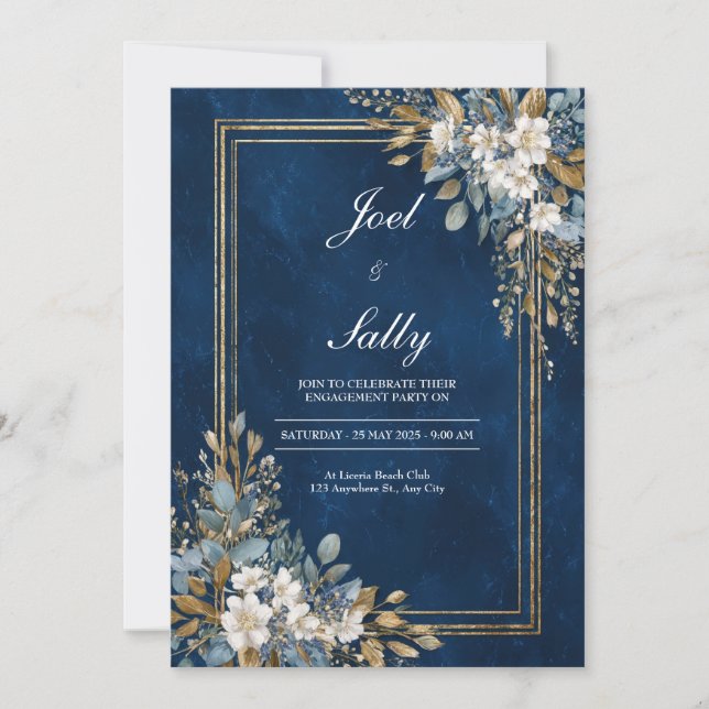 Navy & Gold Floral Wedding Invitation (Front)