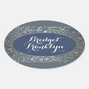 Navy Gold Floral Wedding Oval Sticker