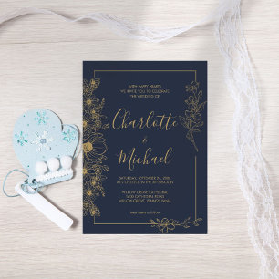 Navy Gold Flower Frame and Elegant Wedding Invitation