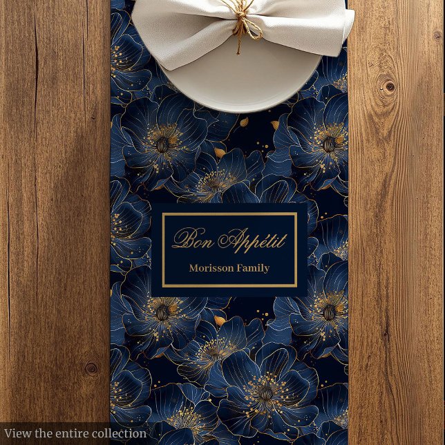 Navy Gold Flowers Table Runner Lux Monogram Design (Navy Gold Flowers Table Runner Lux Monogram Design)