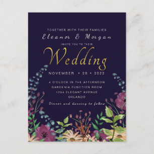Navy gold foil floral wedding postcard