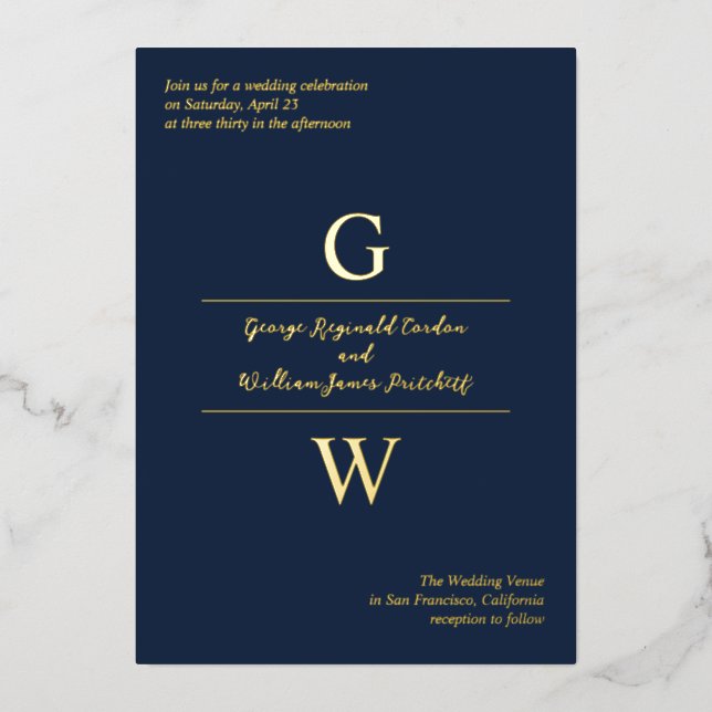 Navy & Gold Foil Initials Informal Wedding (Front)