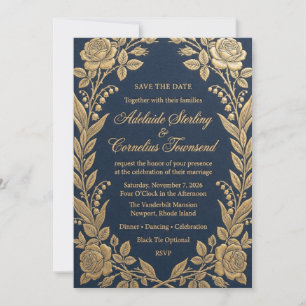 Navy & Gold Foil Rose Wedding Invitation