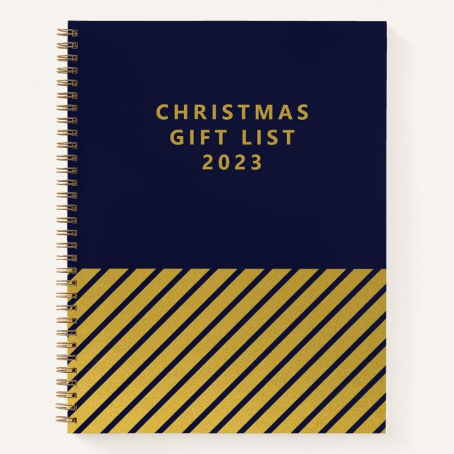 Navy Gold Foil Stripes Christmas Gift List Notebook (Front)
