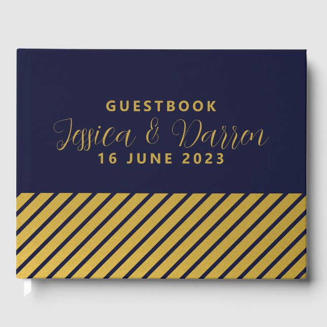 Navy Gold Foil Stripes Wedding Guestbook (Front)