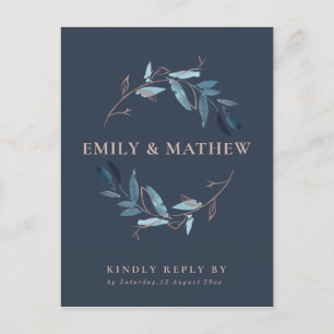 NAVY GOLD FOLIAGE WATERCOLOR WREATH WEDDING RSVP INVITATION POSTCARD