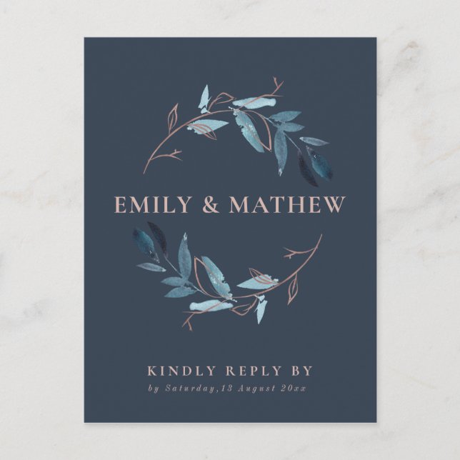 NAVY GOLD FOLIAGE WATERCOLOR WREATH WEDDING RSVP INVITATION POSTCARD (Front)