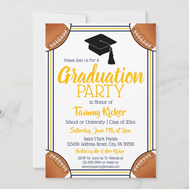 Navy & Gold Football Graduation Party Invitation (Front)