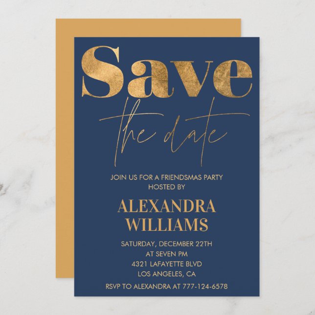 Navy Gold Friendsmas invitations Save the date (Front/Back)
