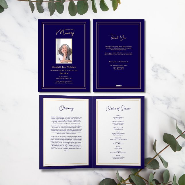 Navy & Gold Funeral Order of Service Photo  Card (Creator Uploaded)