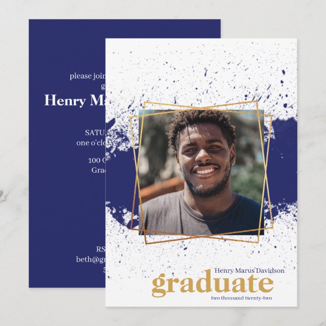Navy & Gold Funky Splat Graduation Invitation (Front/Back)