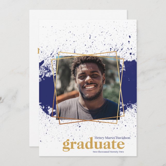 Navy & Gold Funky Splat Graduation Invitation (Front/Back)
