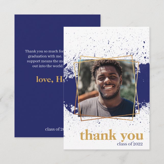 Navy & Gold Funky Splat Graduation Thank You Card (Front/Back)