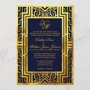 Navy Gold Gatsby Art Deco Wedding Invitation Card