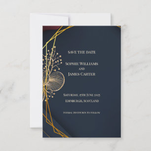Navy Gold Geometric Botanical Line Art Wedding Sav Save The Date