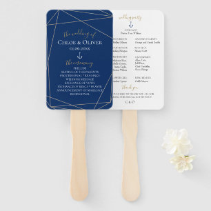 Navy Gold Geometric Wedding Program Hand Fan