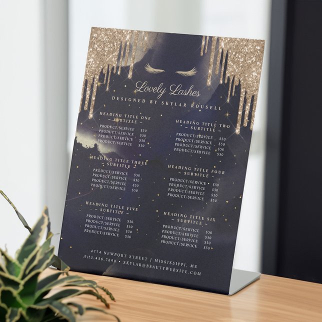 Navy & Gold Glam Glitter Drips Eyelash Services Pedestal Sign (Navy & Gold Glam Glitter Drips Eyelash Services Pedestal Sign)