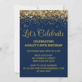 Navy & Gold Glitter 50th Birthday Let's Celebrate Invitation