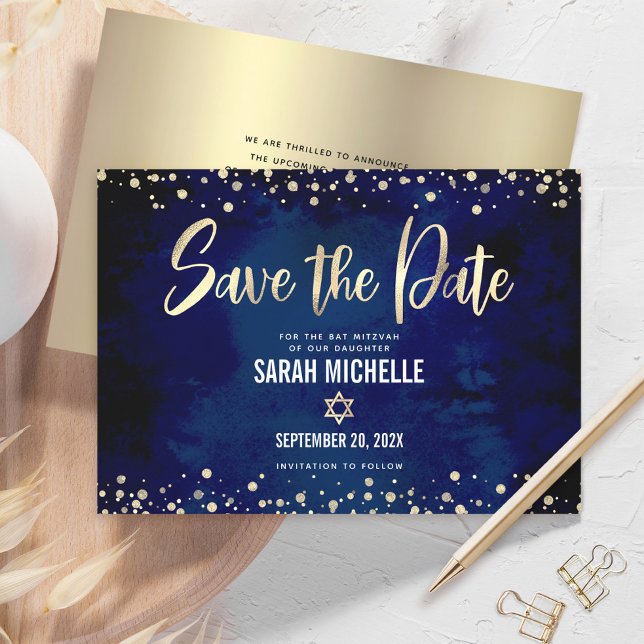 Navy Gold Glitter Bat Mitzvah Script Modern Bold Save The Date (Creator Uploaded)