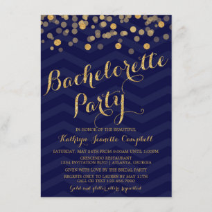 Navy Gold Glitter Confetti Bachelorette Party Invitation