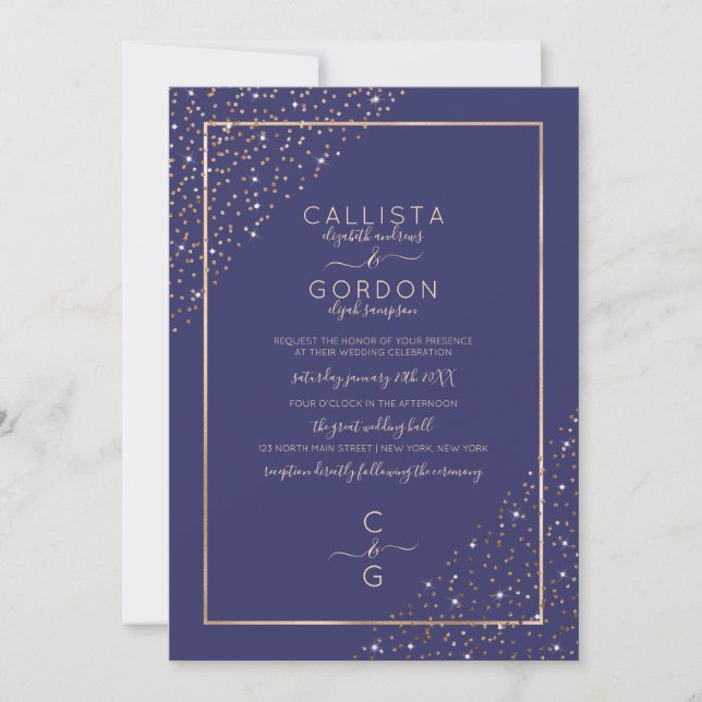 Navy Gold Glitter Confetti Corners Border Wedding Invitation (Front)