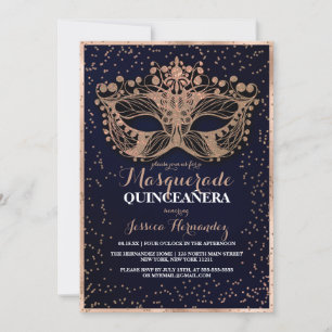 Navy Gold Glitter Confetti Masquerade Quinceañera Invitation