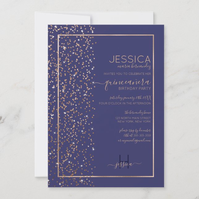 Navy Gold Glitter Confetti Side Quinceañera Invitation (Front)