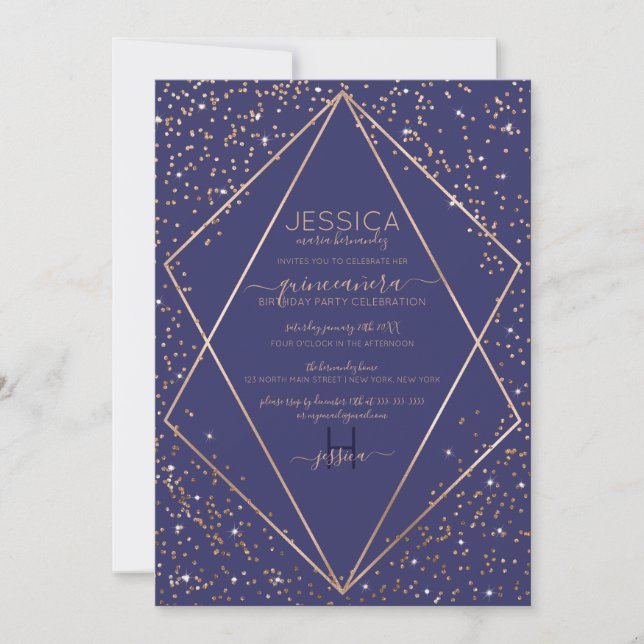 Navy Gold Glitter Confetti Terrarium Quinceañera Invitation (Front)