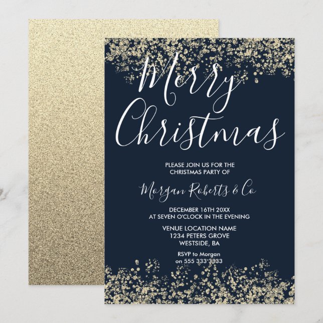 Navy Gold Glitter Corporate Family Christmas Party Invitation (Front/Back)