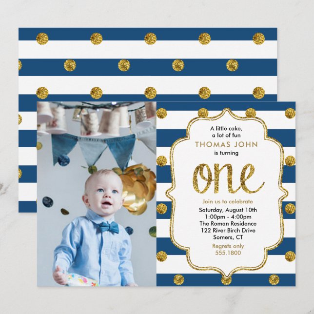 Navy, Gold Glitter First Birthday Photo Invitation (Front/Back)