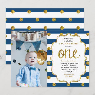 Navy, Gold Glitter First Birthday Photo Invitation
