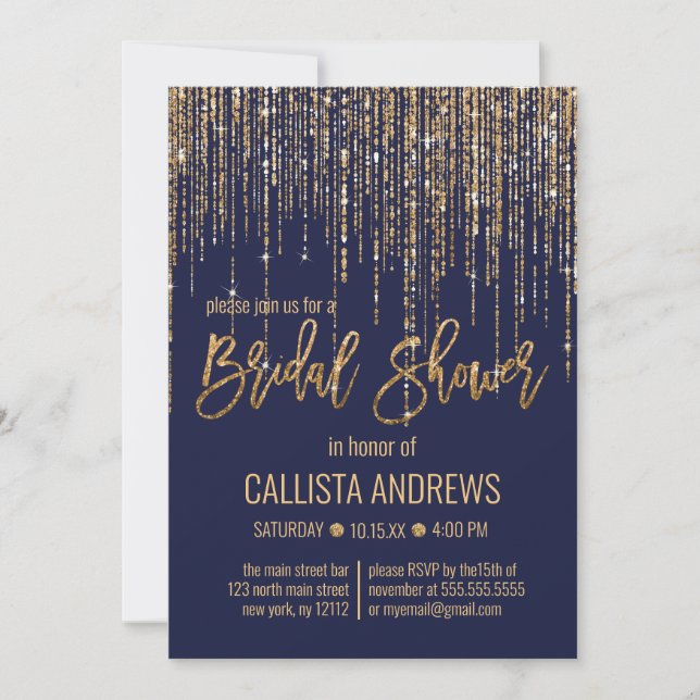 Navy Gold Glitter Fringe Curtain Bridal Shower Invitation (Front)