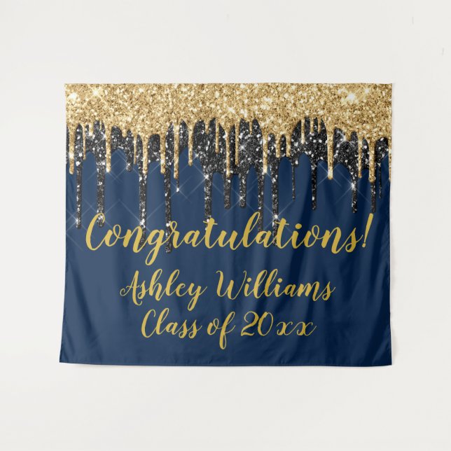 Navy Gold Glitter Graduation Photo Booth Grad Prop Tapestry (Front (Horizontal))
