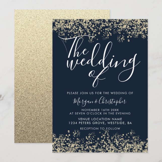 Navy & Gold Glitter Modern Wedding Invitation (Front/Back)