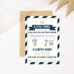 Navy Gold Glitter Prince Baby Shower Invite