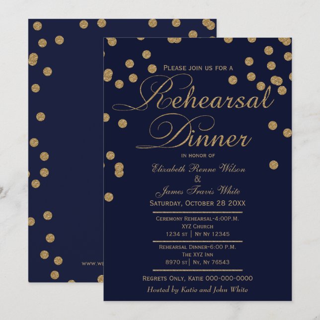 navy gold glitter rehearsal dinner invites (Front/Back)