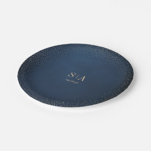 Navy & Gold Glitter Sophisticated Monogram Wedding Paper Plate