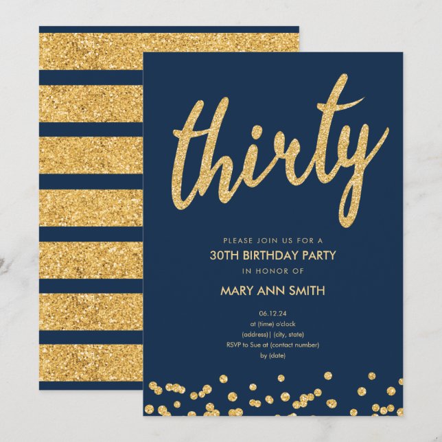 Navy Gold Glitter Type 30th Birthday Party Invitation (Front/Back)