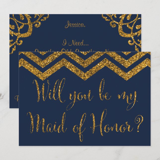 Navy & Gold Glitter Will You Be My Maid Of Honour? Invitation (Front/Back)