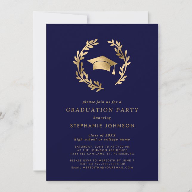 Navy Gold Grad Cap Wreath Chic Graduation Party Invitation (Front)