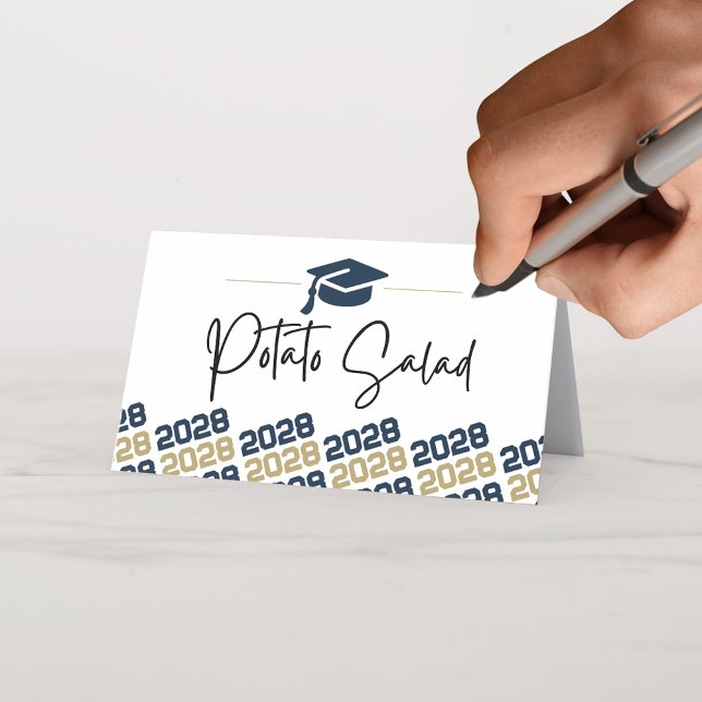 Navy & Gold Graduation Cap Folding Label, Food or Place Card (Navy Blue and Gold Graduation Cap Class of Any Year Folding Label Cards for Food, Drinks or Seating)