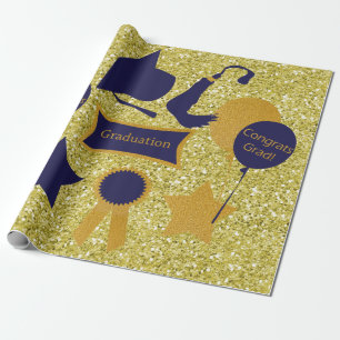 Navy & Gold Graduation Faux Glitter Wrapping Paper