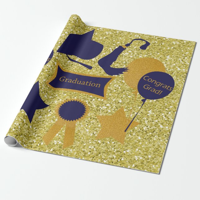 Navy & Gold Graduation Faux Glitter Wrapping Paper (Unrolled)