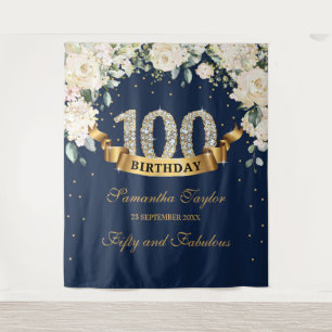 Navy Gold Greenery Floral 100th birthday backdrop Tapestry