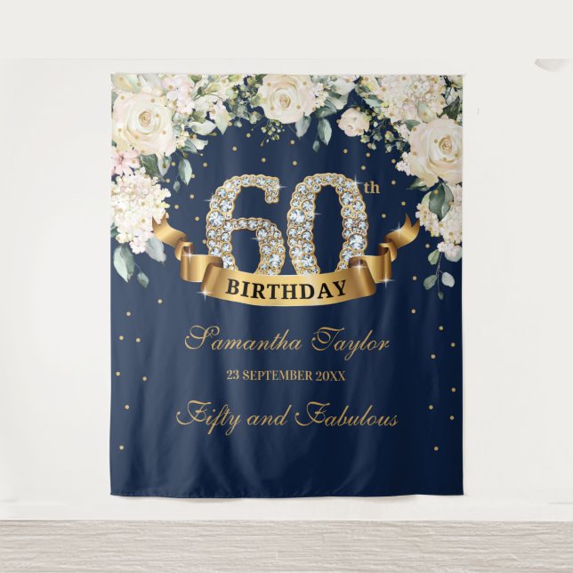 Navy Gold Greenery Floral 60th birthday backdrop Tapestry (Front)