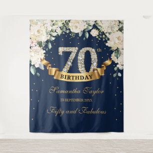 Navy Gold Greenery Floral 70th birthday backdrop Tapestry