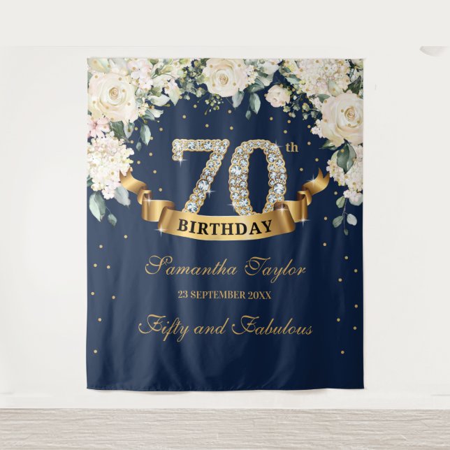 Navy Gold Greenery Floral 70th birthday backdrop Tapestry (Front)