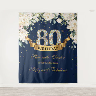Navy Gold Greenery Floral 80th birthday backdrop Tapestry
