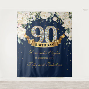 Navy Gold Greenery Floral 90th birthday backdrop Tapestry