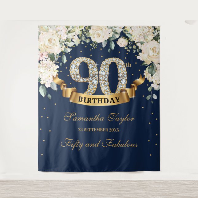 Navy Gold Greenery Floral 90th birthday backdrop Tapestry (Front)
